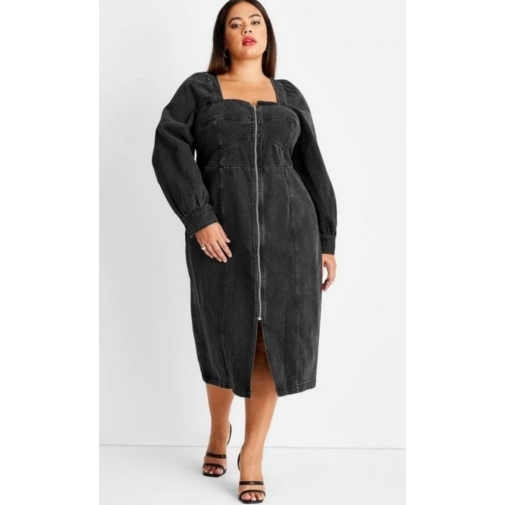 Future Collective Puff Long sleeve Zip Front Denim dress Black Size 24W/26W